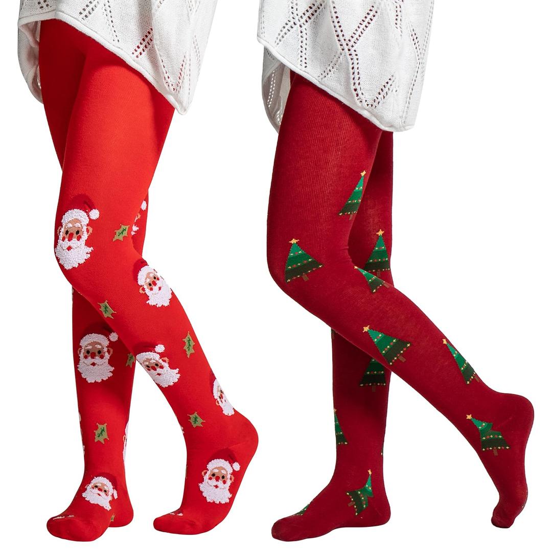Aaronano 2 Pairs Girls Patterned Red Tights Christmas Holiday Stockings Kids Snowflake Printed Tights for Girls 4-10t (Christmas Leaf+Snowflake,Meduim)