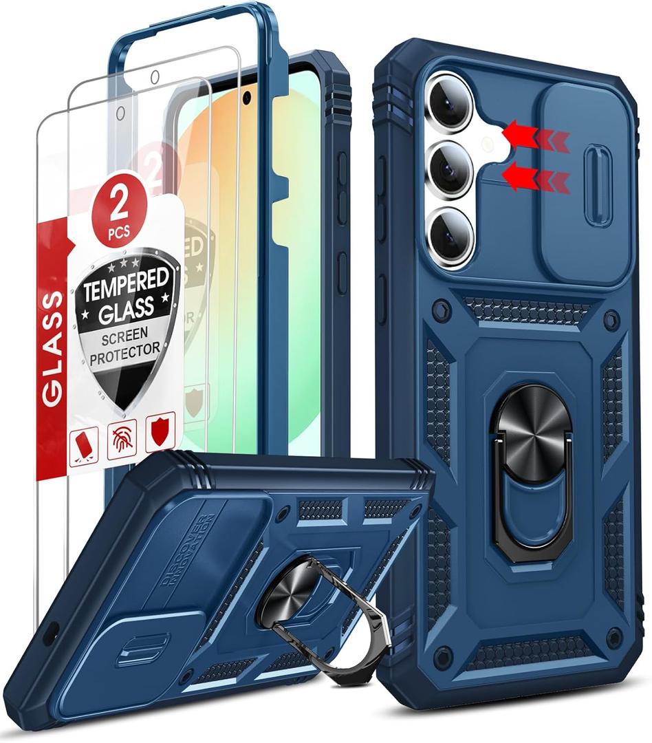 LeYi for Samsung Galaxy S25-FE Case: Samsung S25 FE Cover with Galaxy S25 FE Screen Protector Tempered Glass X 2, Galaxy S25 FE Phone Case, Kickstand Heavy Duty Shockproof para Cell Case S 25FE, Blue