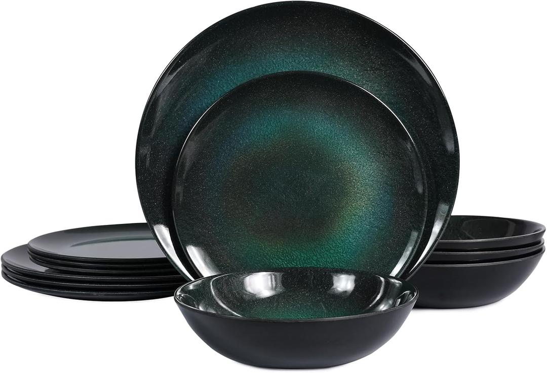 Melamine Dinnerware Set, 12pcs Plates and Bowls Set, Green Dinner Dishes Set for Indoor and Outdoor, BPA-Free, Dishwasher Safe Green