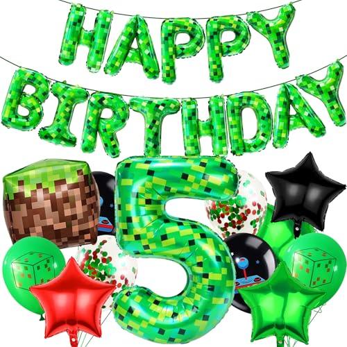 FANGBBO 40in Pixel Number 5 Balloon Birthday Decorations, Miner Theme Foil Balloons banner Blast Gaming Party Supplies