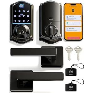 Veise VE017-B Fingerprint Smart Lock for Front Door, App Control, 8-in-1 Keyless Entry Deadbolt with 2 Zinc Alloy Lever Handles Set, Emergency Power Port, Auto Lock, Electronic Keypad, Black