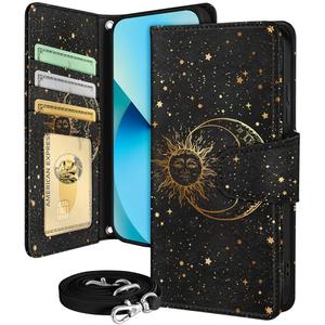 Buleens for Samsung Galaxy S23 Wallet Case for Women - with Card Holder S23 Flip Case Leather Crossbody Cute Aesthetic Galaxy S23 Case with Strap Kickstand for Girls Girly, Black Sun Moon