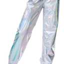 SIAEAMRG Womens Shiny Metallic High Waist Stretchy Jogger Pants, Wet Look Hip Hop Club Wear Holographic Trousers Sweatpant (X-Large, Silver)
