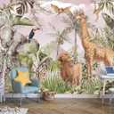 Watercolor Paintings Tropical Jungle Animals Safari Elephants Giraffes Lions Parrots Palm Leaves Hand-Painted Art Wallpaper Suitable for Children's Room Decoration MuralNot Peel and Stick (151" x 105", 64)
