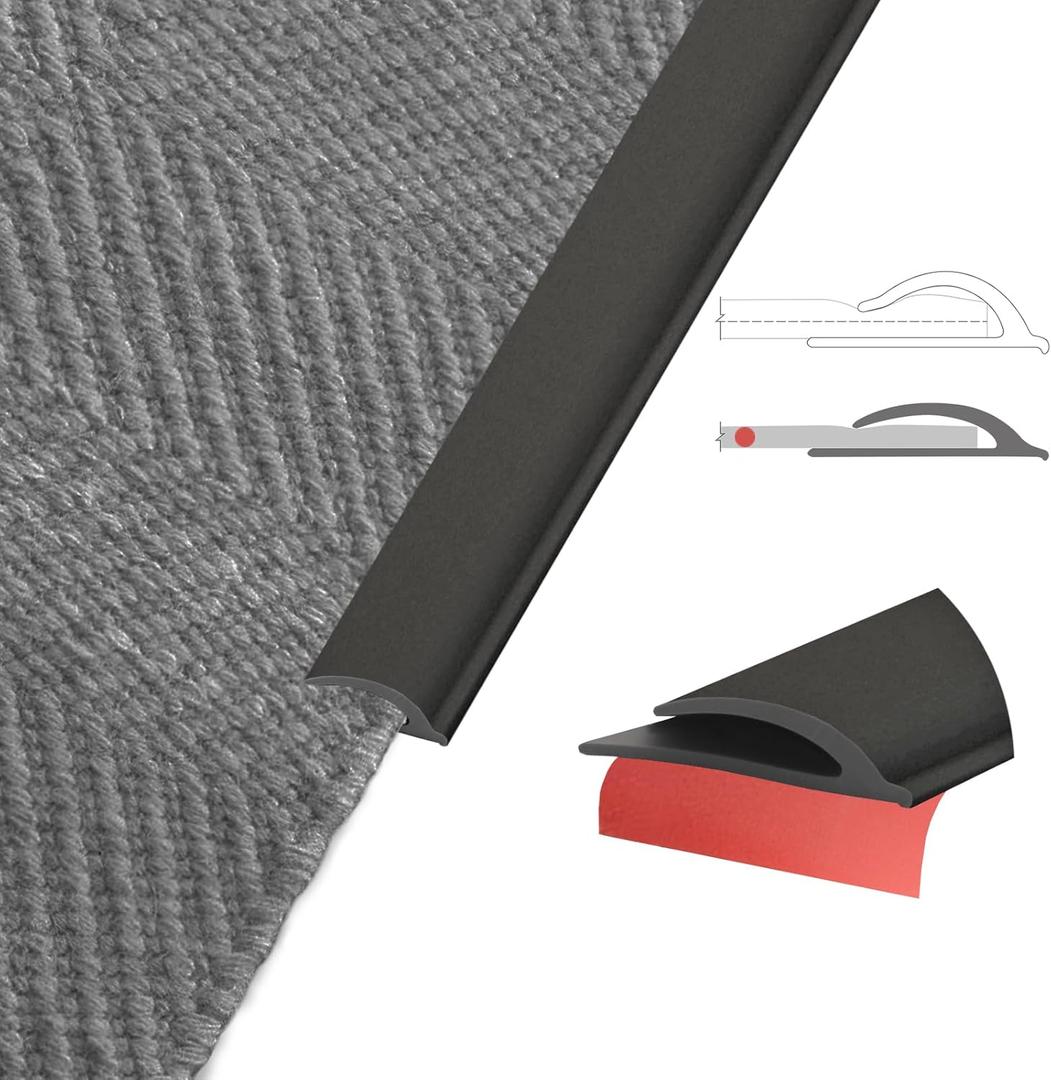 Flexible Carpet Edge Trim  Self-Adhesive Waterproof Cuttable Safety Edging for Thick Rugs &Mats, Peel & Stick Floor Transition Strip, For High-Traffic Areas (Fits Thin Carpets Up to 8mm,Black-3.3Ft)