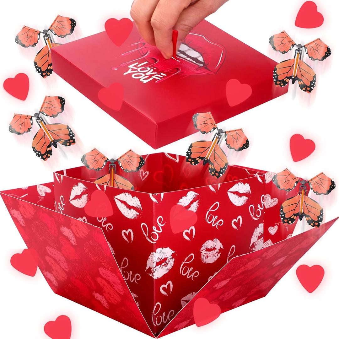 Red Butterfly Explosion Gift Box with Lid, DIY Unique Exploding Surprise Love Heart Gift Box with Lip for Valentines Day, Galentine's Day, Wedding, Anniversaries