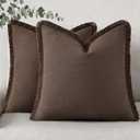 DecorUhome Summer Decorative Neutral Linen Fringe Euro Sham Throw Pillow Covers Set of 2 Chocolate Pillow Covers with Tassels Soft Farmhouse Boho Accent Pillow Cases for Couch Bed Sofa 26x26 Inch