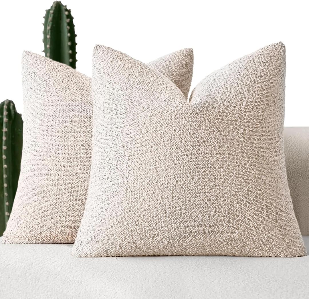 MIULEE 18x18 Inch Decorative Pillow Covers for Couch Bed Set of 2 Textured Boucle Neutral Throw Pillows Natural Beige Accent Solid Cushion Pillowcase Cozy Soft Sofa Livingroom Home Decor