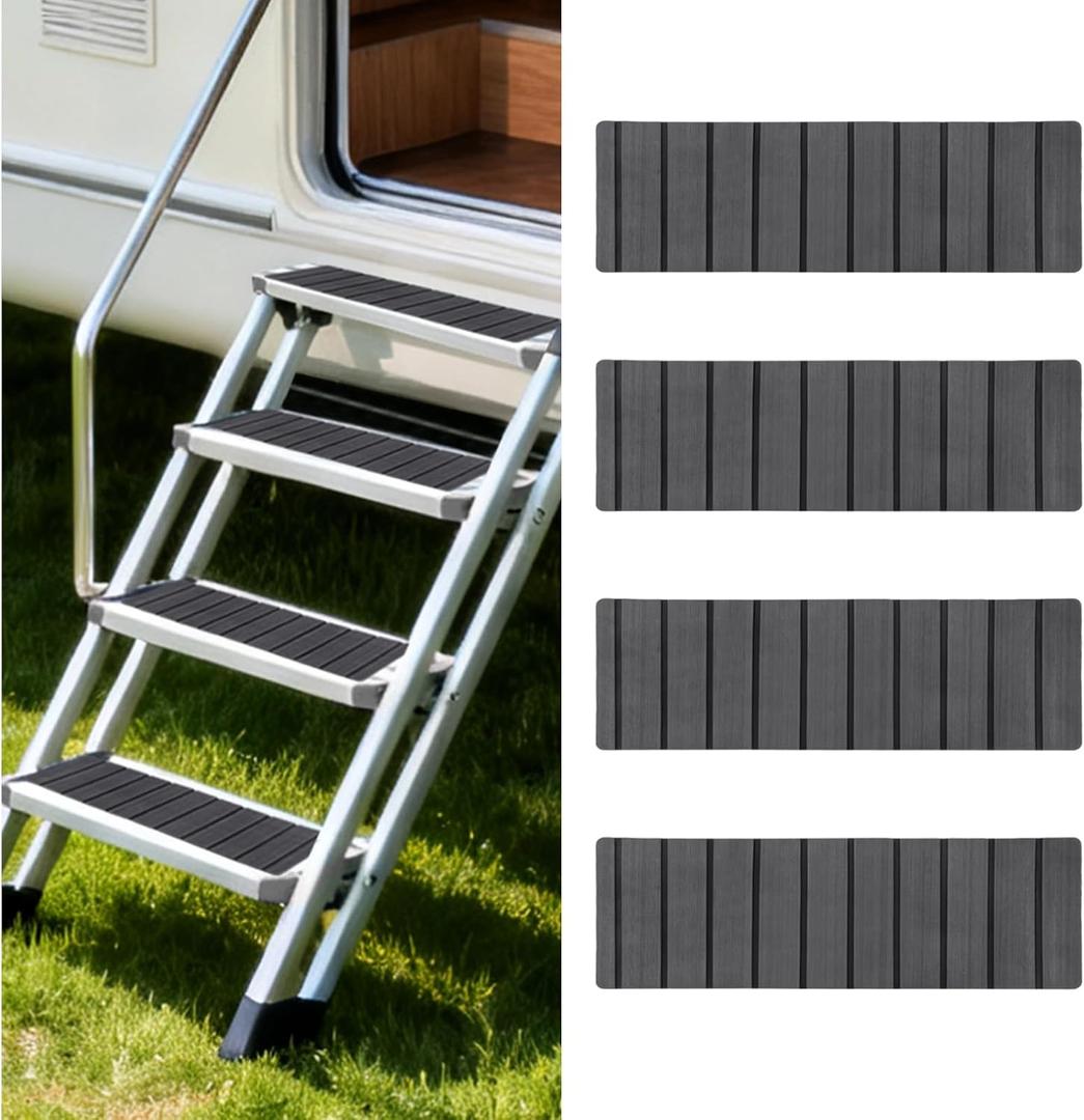 OMISTAR RV Step Covers 4 Pack, EVA Foam RV Stair Covers 24 x 7.5 inches, Non-Slip Trimmable Self Adhesive Camper Step Covers RV Step Carpet Rug for Trailers, Camper, RV, Gray