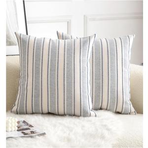 Cethom Decorative Boho Throw Pillow Covers, Farmhouse Textured Pillow Case, 18 x 18 Inch Set of 2, Chair Sofa Bedroom Living Room Home Decor Couch Cushion Case, Classic Blue and Beige Striped