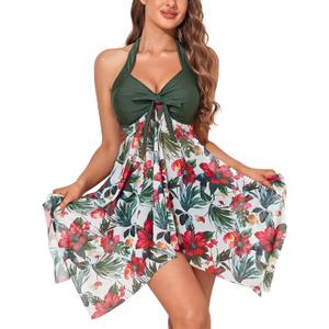 MiYang Womens Tankini Swimdress with Boyshorts Two Piece V Neck Bowknot Halter Bathing Suit Dress (Green, XL)