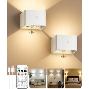 cambk Battery Operated Wall Sconces Set of 2 for Living Room, Wireless Rechargeable Motion Sensor Wall Light with Remote for Bedroom, Bathroom, Hallway, Indoor Ambient Lighting (White)