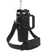 Water Bottle Carrier Bag for Stanley Cup 40oz with Phone Pocket, Adjustable Strap, Keychain, Silicone Boot Sleeve Bumper Bottom Cover Anti-Scratch Protective Suitablefor Stanleys Tumbler-Black