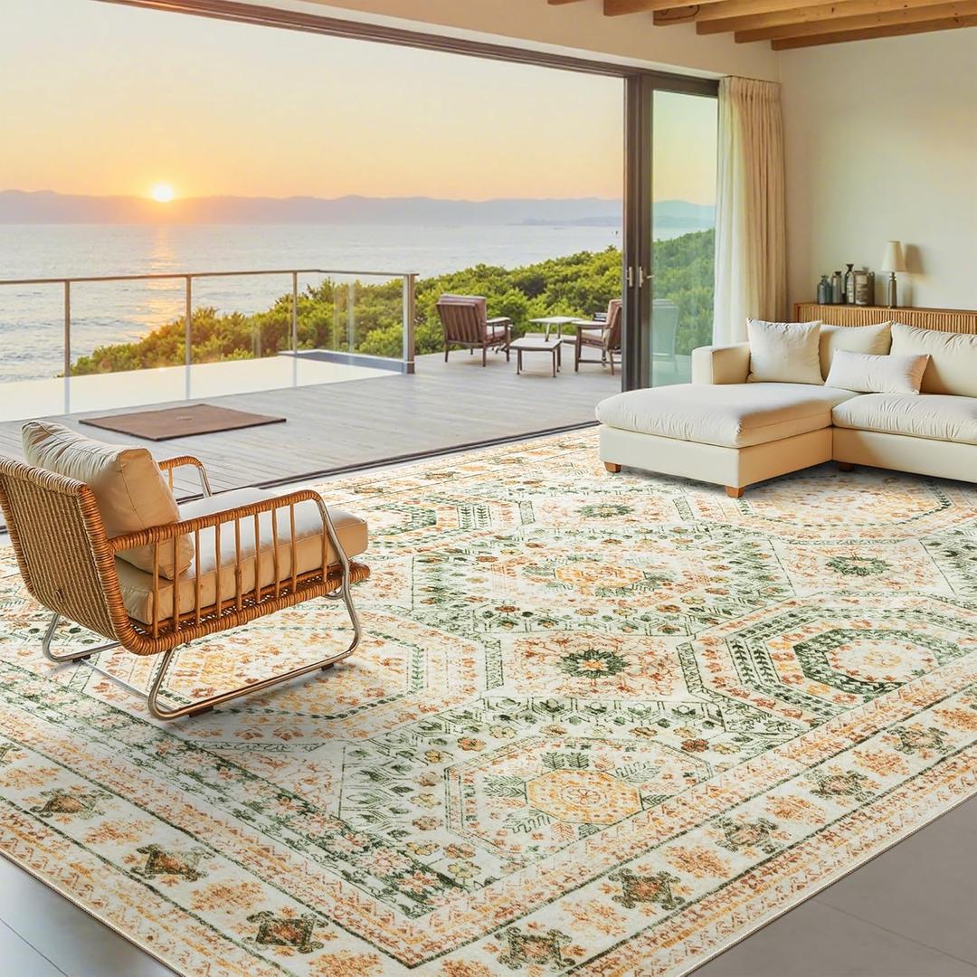 Washable Area Rug 8x10, Large Soft Rugs for Living Room Green Yellow Carpet 8x10 Area Rugs for Bedroom Dining Room Non-Slip Stain Resistant Rug