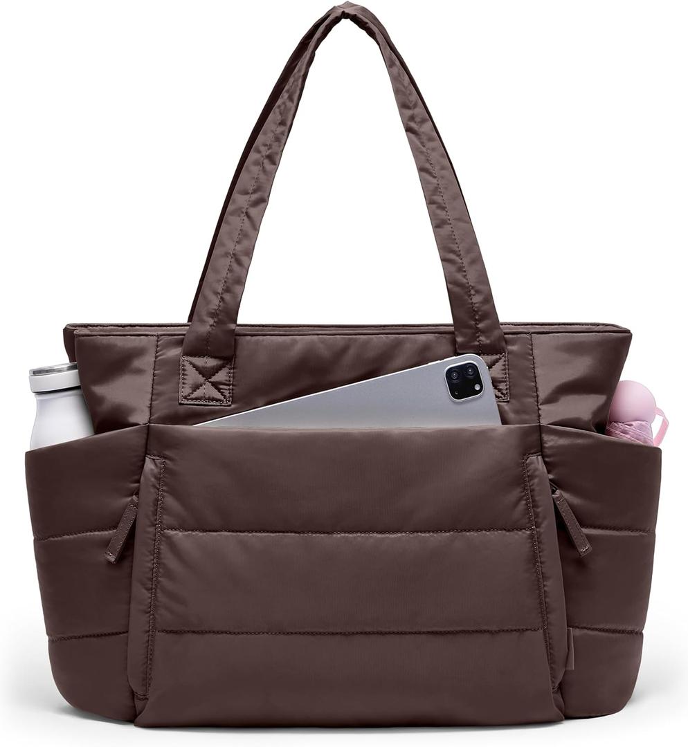 Tote Bag for Women with Zipper, Quilted Puffer Tote Bag with Compartments, Lightweight Puffy Work Bags for Women Travel, Dark Brown
