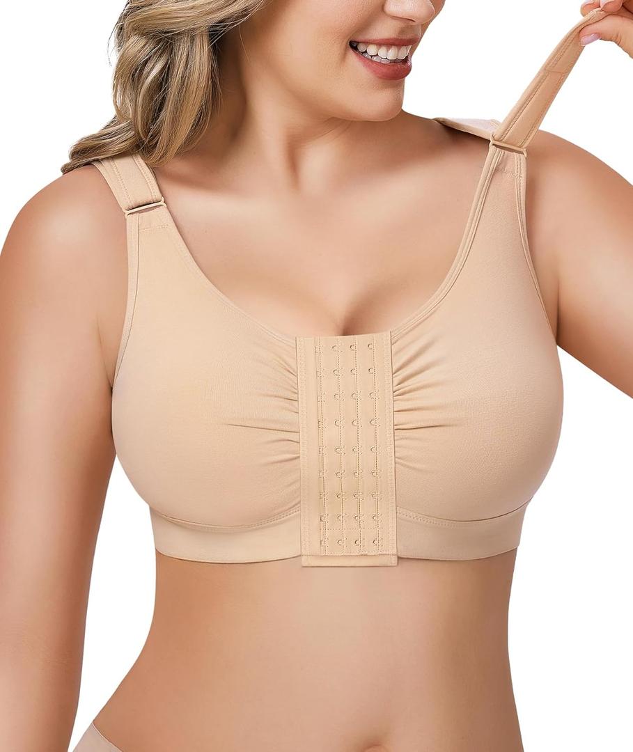 BRABIC Post Surgery Front Closure Bras for Women Full Coverage Compression Mastectomy Wireless Bra with Adjustable Straps (3X-Large, Beige)