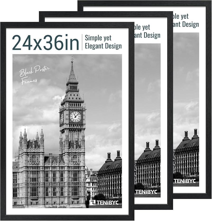 24x36 Poster Frame, Black Wood, 3 Pack, Wall Hanging for PictureThick Polished Plexiglass, Large Movie Poster Frame Wall Display for Art, Prints, Landscapes - Gallery, Studio, Office