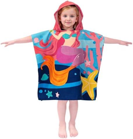 growell Hooded Kids Beach Towels - Toddler Bath Towel Girls Boys Swim Cover-ups for Ages 1 to 6 Kids Pool Towels Quick Dry Lightweight Soft Microfiber Poncho Towel 24x24 (Mermaid Starfish)