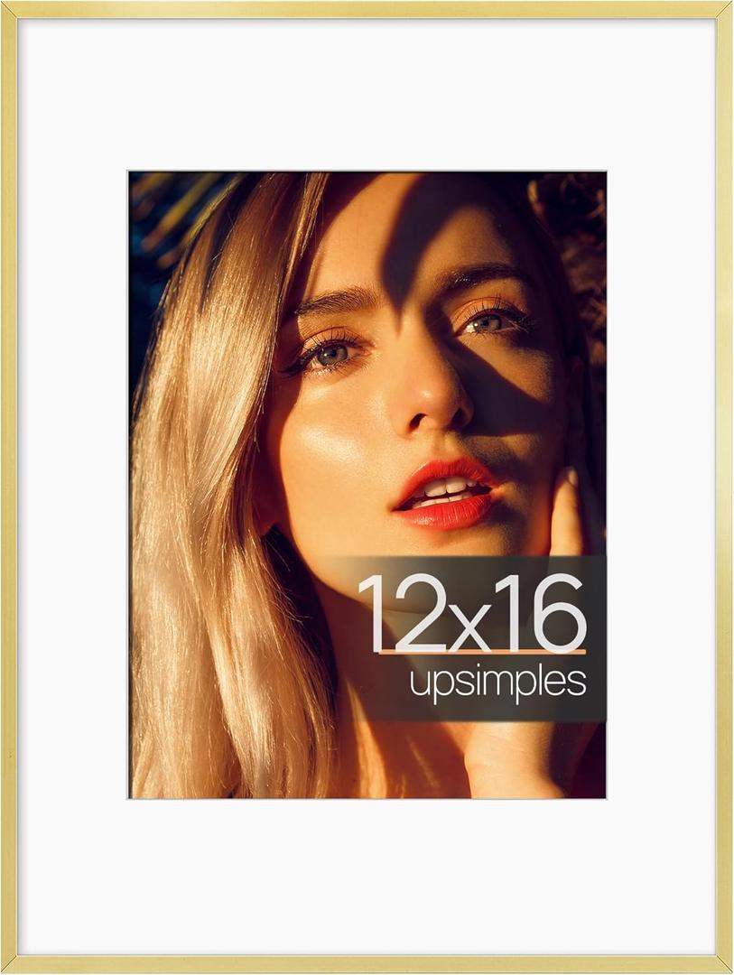 upsimples Aluminum 12x16 Picture Frame Gold, Display Photo 8.5x11 with Mat or 12 x 16 without Mat, Wall Hanging Metal Poster Frame with Acrylic Cover, 1 Pack