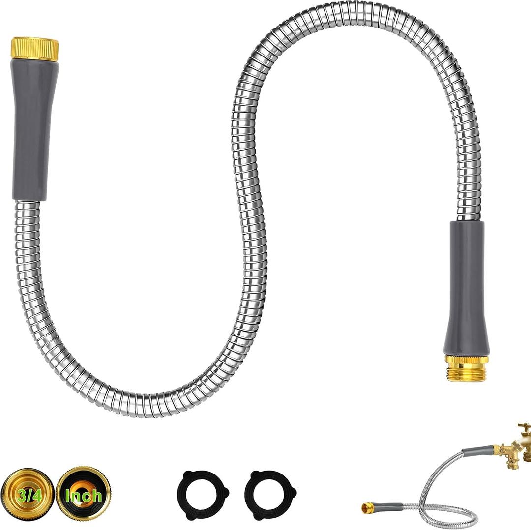 Short Metal Garden Hose 3ft Connector 5/8"Stainless Steel Flexible Water Hose Extension Male to Female Leader Kink Free Lightweight Extender Hose for Yard Hose Reel Cart Box Faucet Rain Barrel