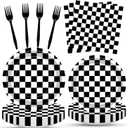 100 Pcs Racing Checkered Party Supplies Set, Serves 25 Disposable Black and White Checkerboard Paper Plates, Napkins, and Forks, Race Car Themed Tableware for Birthday, and Racing Table Decorations