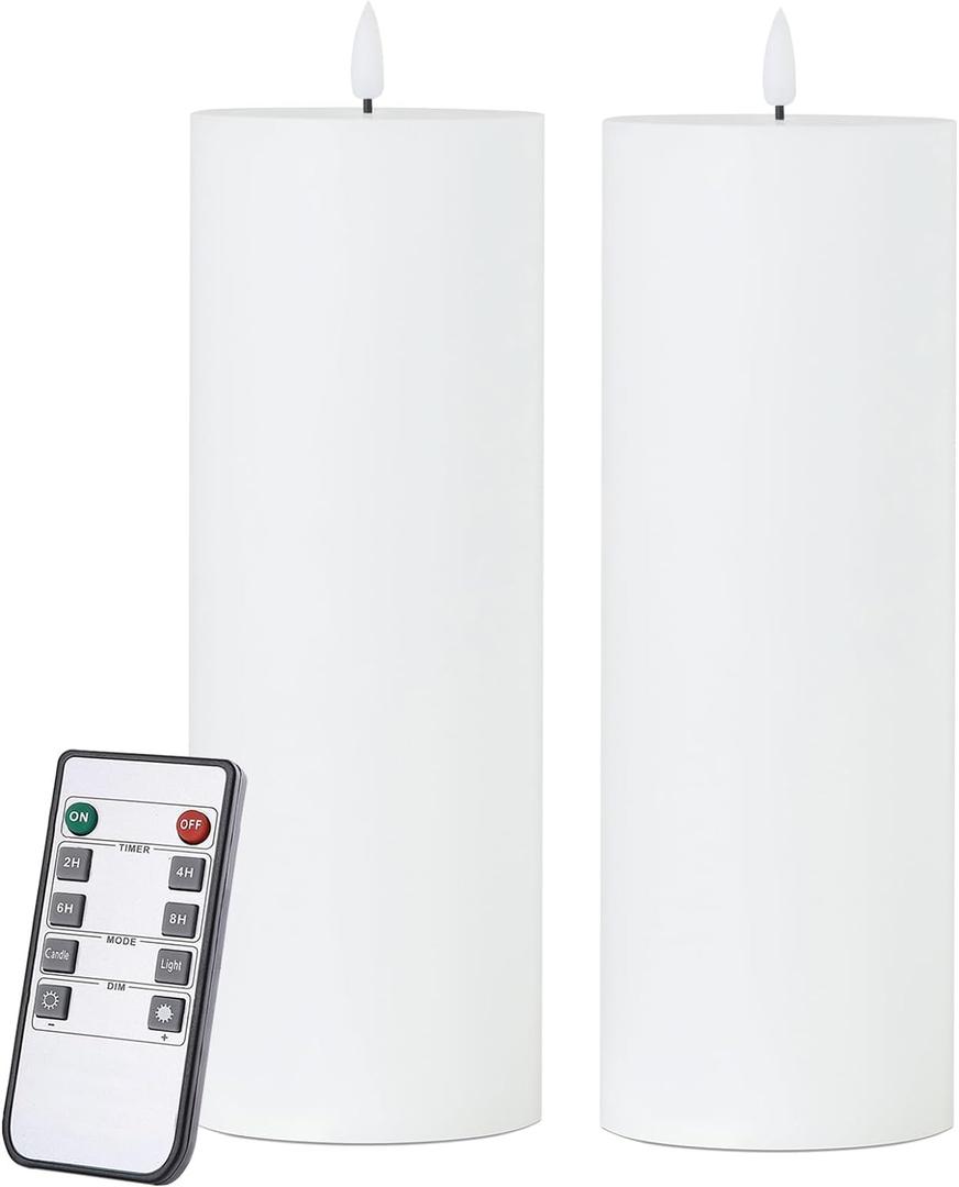 White Flameless Candles Set of 2 (3x9 inch) Flickering LED Wax Candles Battery Operated with Remote Control Timers for Fall Decor/Night Light/Fireplace/Party Dimmable Pillars Flat top