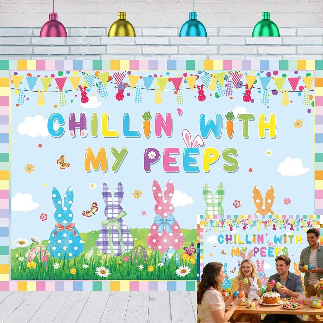 XCKALI Chillin with My Peeps Backdrop Spring Easter Colorful Eggs Bunny Chicken Party Indoor Outdoor Home Decorations (8x6ft)