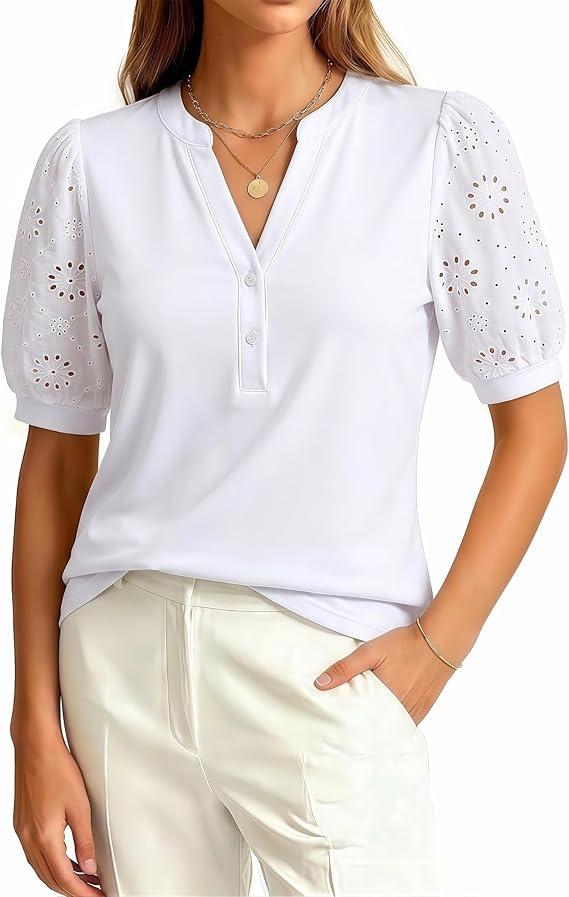Women Tops Henley V Neck Button Up Shirt Embroidered Short Sleeve Blouses Dressy Casual Clothes Summer Outfits, 2XL
