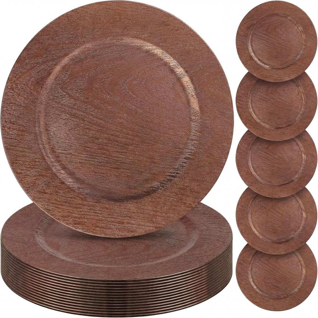 Mifoci 50 Pcs Faux Wooden Charger Plates 13 Inch Round Rustic Plastic Plates Antique Design Bulk Decorative Chargers for Dinner Tray for Wedding Dinner Table Farmhouse Party Event(Brown)