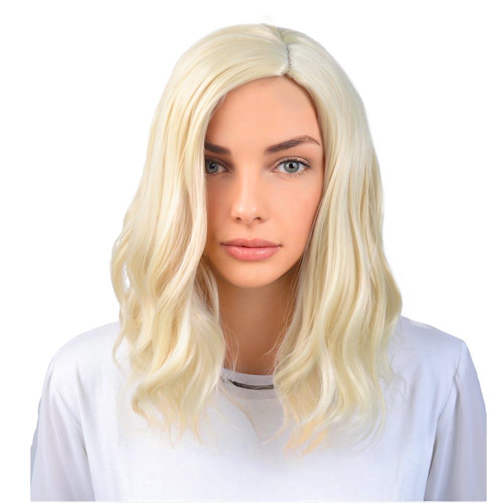 BERON Blonde Wigs 14 Inch/35 cm Women Girls Short Curly Wavy Side Part Hair Wig Light Blond Color Shoulder Costume Cosplay or Daily Use Wigs Rose Net with Wig Cap