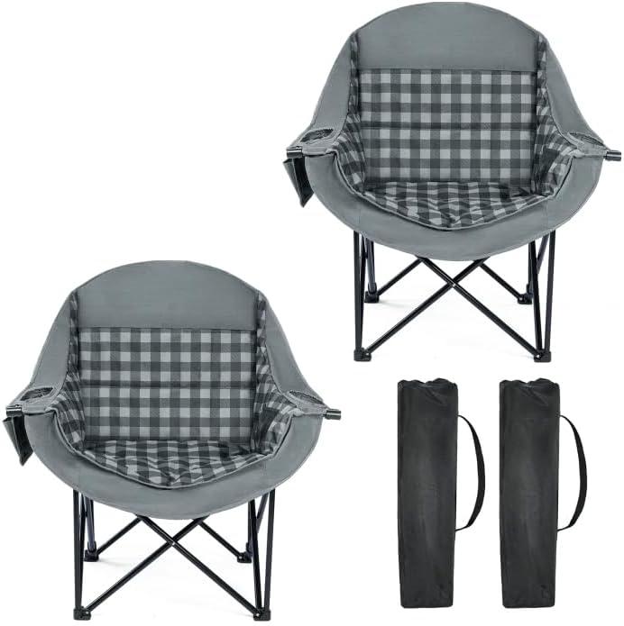 Oversized Camping Chairs for Adult - Heavy Duty Padded Portable Folding Chair XL Collapsible Camp Chair with Cup Holder Side Pocket for Outdoor Lawn Beach Sport Fishing Support 500LBS, Plaid 2 Pack