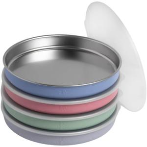 Elk and Friends 7.8 Stainless Steel Non Divided Plates with Silicone Sleeve + Storage Lid | Baby, Toddler, Kids | Dishwasher Safe | Dinner & Snack Plates | 4 Pack