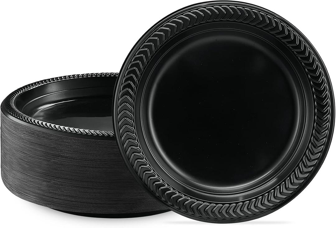 PLASTICPRO 200 PCS Black Plastic Plates Light Weight 7 Inch Plastic Dinner Dessert Appetizer Plates Black Plates Disposable for Party and Wedding