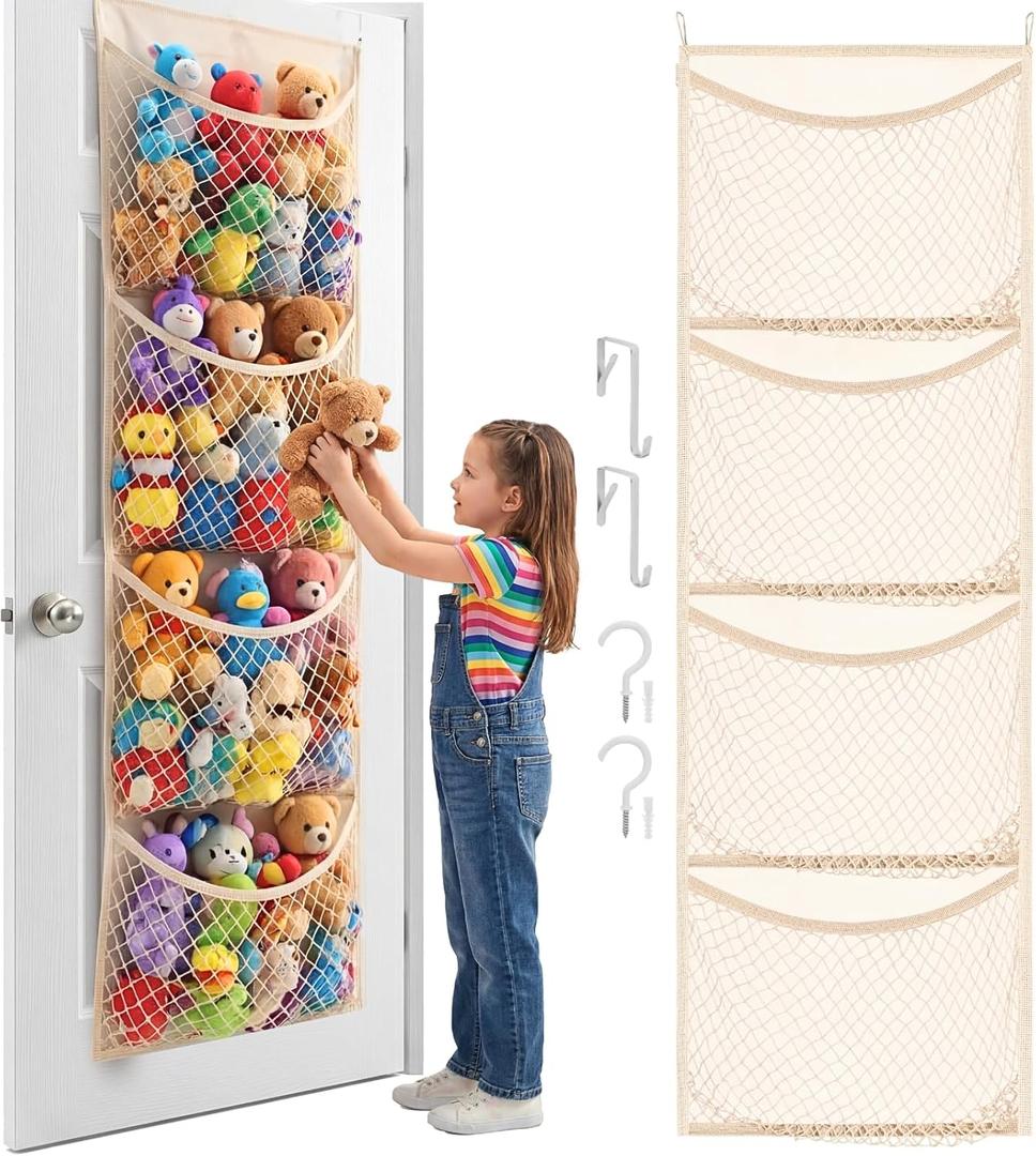 Over The Door Stuffed Animal Storage, Cotton Toy Organizer for Storage Plush Toys,Baby Supplies, Stuffed Animal Holder with 4 Large Pockets, Hanging Door Organizer for Nursery, Bedroom, Kids Room (Normal, Beige)