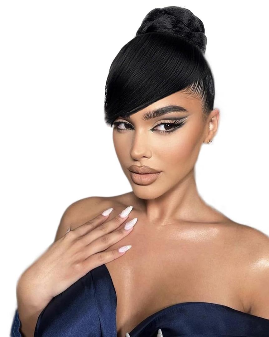 VAVANGA BUN & BANG SET 2PCS - Quick Small Size Chignon Bun with Swoop Side Bangs Clip-in Synthetic Hair Fringe with Braided Bun Hairpiece for Women