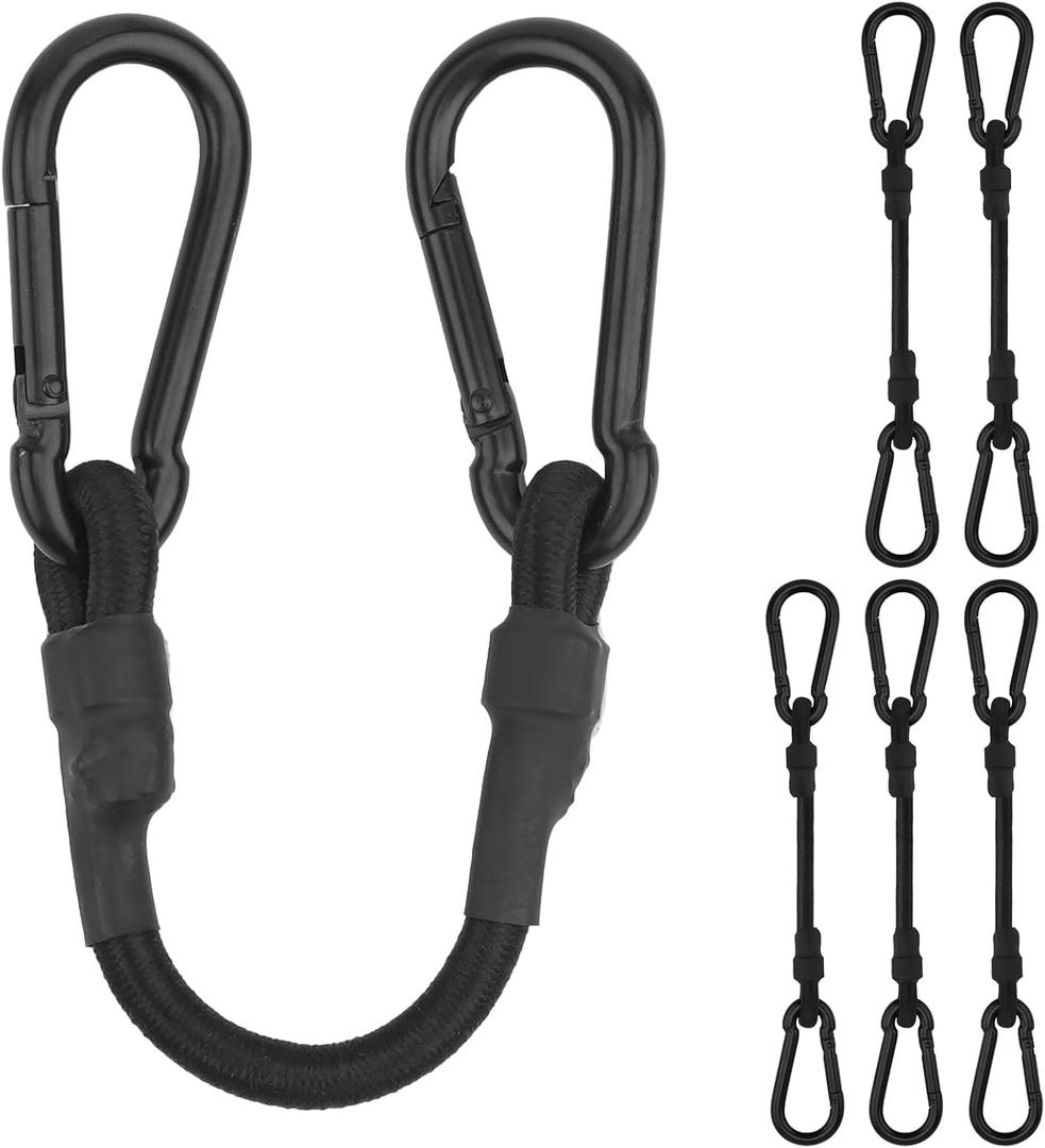 Bungee Cords with Carabiner Hooks, 12 Inch Small Short Resistant Bungee Cords with Hooks, Black, 6 Pack for Multiple securing Options