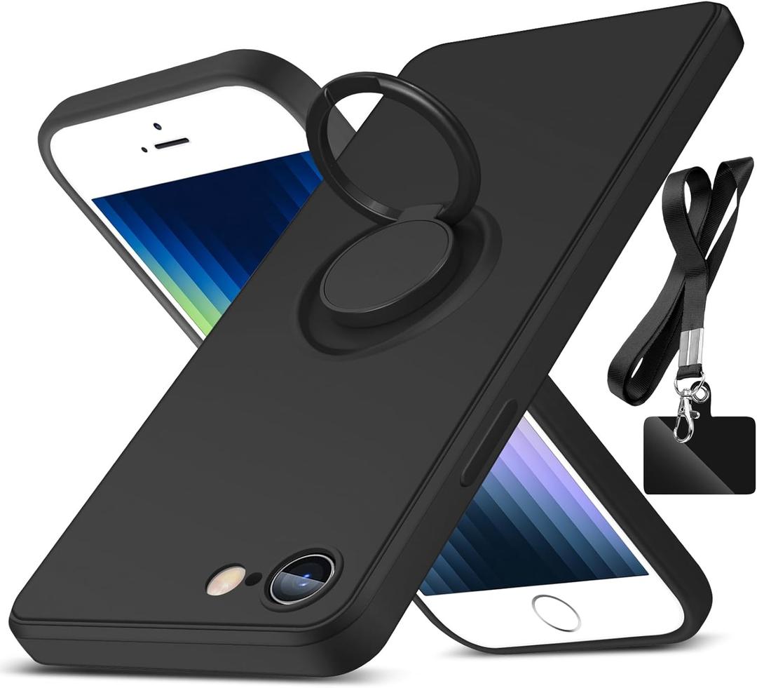for iPhone SE 2022/2020 Case,iPhone 8/7 Case,with 360Rotatable Ring Holder Kickstand & Strap Lanyard Liquid Silicone Slim Protective Case for iPhone SE3/SE2/8/7,Black 2.92