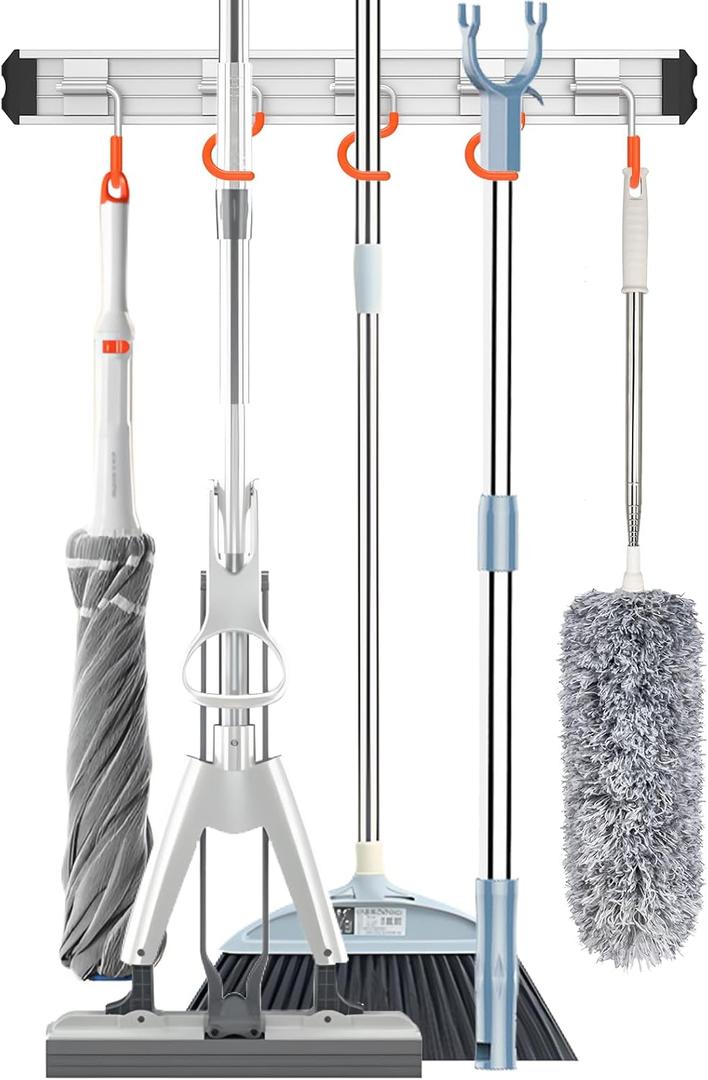 Mop and Broom Holder Wall Mount Garden Tool Rack Organizer, Modern Style,Movable Aluminum Alloy Wall Mounted Hook 1 Pack,Storage Gift for Bathroom,Closet,Laundry Room,Garage,Tool Room(Orange)