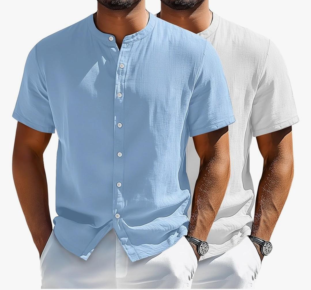 Evervibe 2 Pack Men's Short Sleeve Linen Shirts, Button Down Cotton Beach Vacation Casual Summer Tees XXL