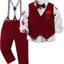 WESIDOM Toddler Boy Clothes Suit Formal Dress Shirt+Bowtie+Vest+Boutonniere+Suspender Pants Boys Gentleman Outfits Set (6-7 Years, Red)