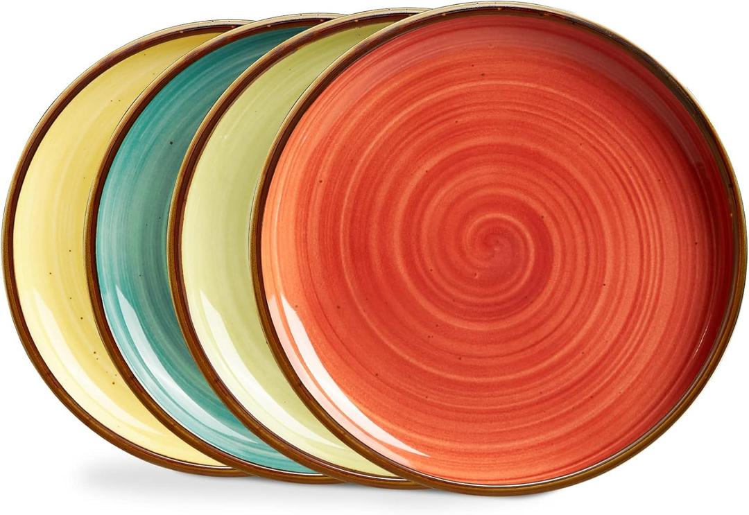 ONEMORE Porcelain Plates Set 10.5 inch Large Dinner Plates for Salad Dessert Ceramic Serving Plate Set of 4, Microwave and Dishwasher Safe (Assorted Color)