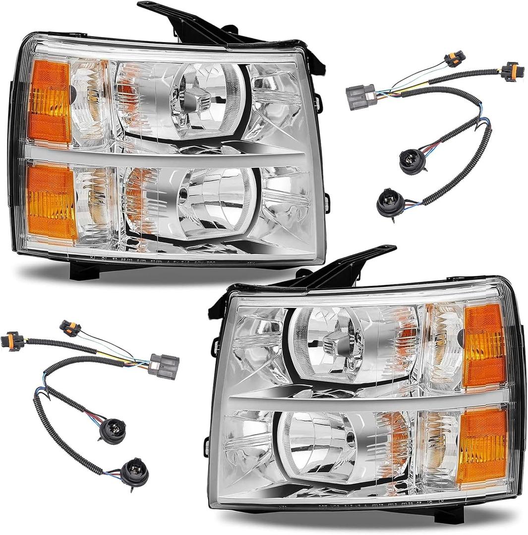 Set of 4 Chrome Headlights Compatible with 07-13 Chevy Silverado 1500/ 2500HD/ 3500HD(Not fit 07 Silverado Classic) w/ Headlight Wiring Harness