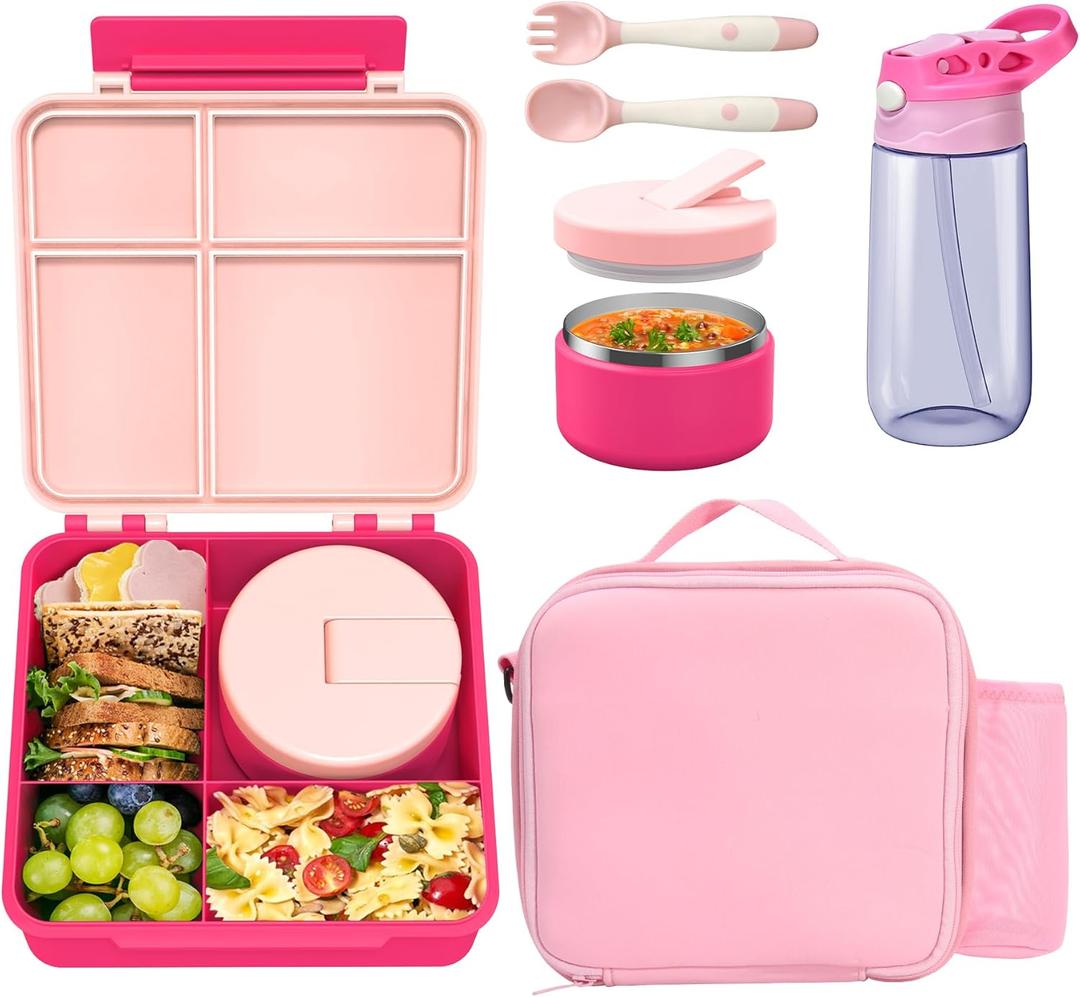 Kids Bento Lunch Box with 4 Compartments, Insulated lunch Bag, Water Bottle, Stainless Steel Food Jar, Birthday Gifts for Ages 3-12 Back to School Toddler Girls Boys (Pink)