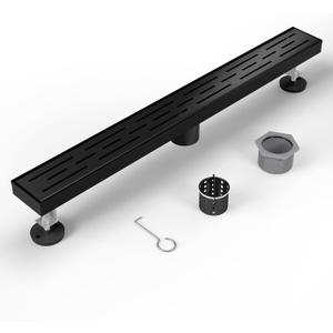 Shower Drain Stainless Steel for Bathroom: Black Linear Shower Drain 24 Inch with Removable Brick Pattern Grate - Adjustable Rectangular Shower Floor Drain with Hair Strainer (Matte Black)