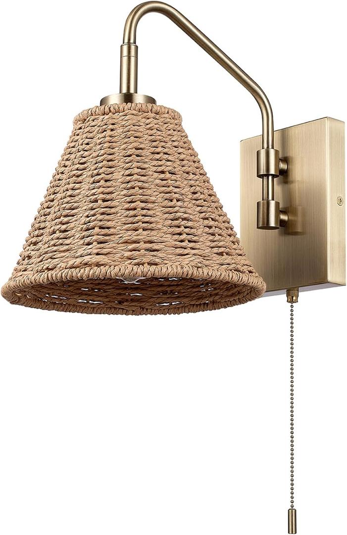 Globe Electric x Novogratz 65000052 1-Light Wall Sconce, Matte Brass Finish, Rattan Shade, On/Off Pull Chain Switch, Home and Office Decor, Modern Lighting for Living Room, Bohemian