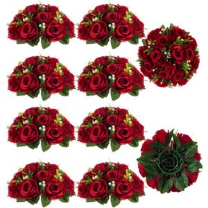 BLOSMON Flower Centerpieces for Tables Wedding: 10 Pcs Crimson Red Artificial Rose Flowers Balls Decoration - 9.5 Inch Fake Silk Kissing Floral Arrangement for Home Party Event DIY Decor