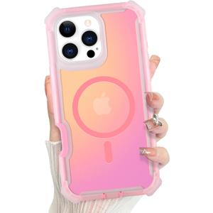 Bonoma for iPhone 16 Pro Max Case, Iridescent Back, Magnetic Support for MagSafe Shockproof Cover, Crystal and Corner High-Duty Protection for Girls Women -Pink