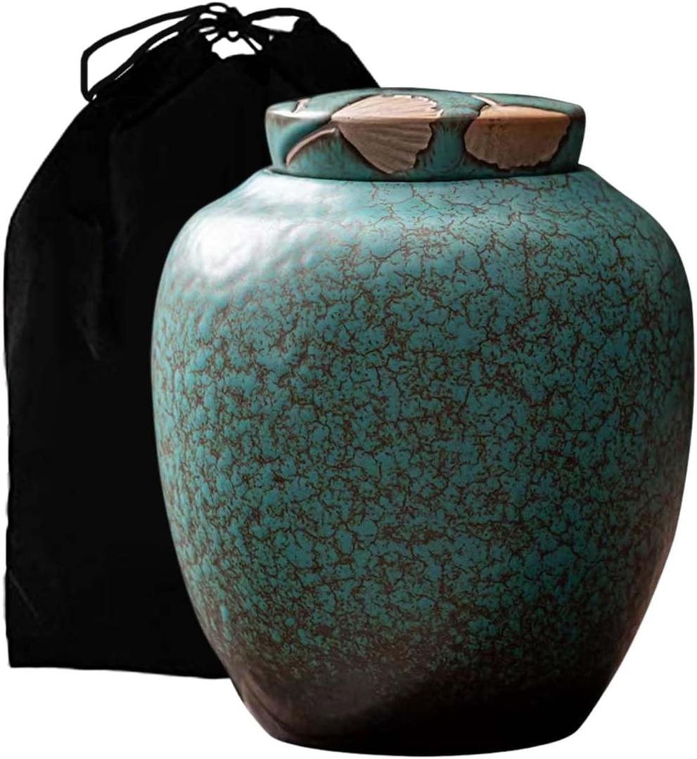 Medium Cremation Urn for Human Ashes, Unique Turquoise Glazed Ceramic Memorial, Ginkgo Leaf Decorative, for Sharing Adult or Infant