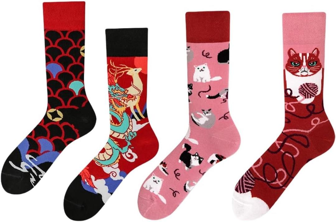 LifeEase Haven Personality AB Mid-Crew Socks for Adults, Unique Color Design, Comfortable for All-Day Use,Cat and Deer ( 2 Pairs )