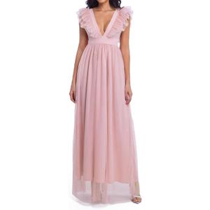 Women's Elegant Sleeveless Deep V Neck Mesh Ruffle Long Formal Party Evening Dress (S)